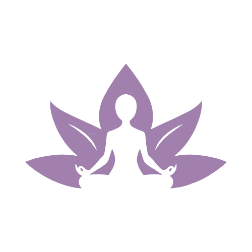 Silhouette of a person in a yoga pose with seven purple lotus petals in the background.