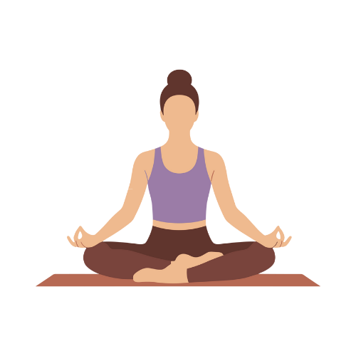 A woman practicing yoga in a seated meditation pose with legs crossed and hands resting on her knees, in front of a pink background.