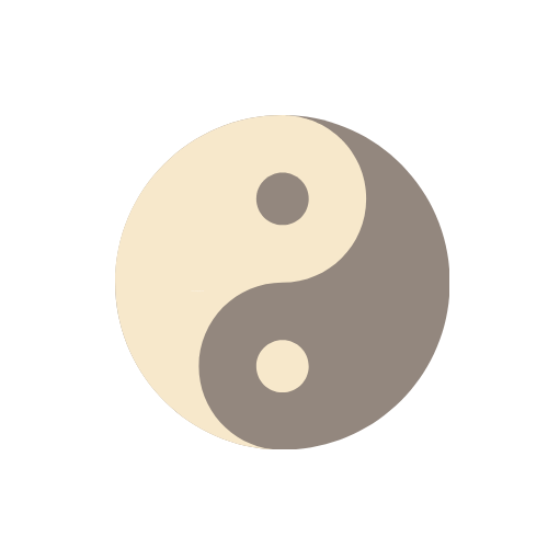 Yin and yang symbol in black and white with beige and gray sections.