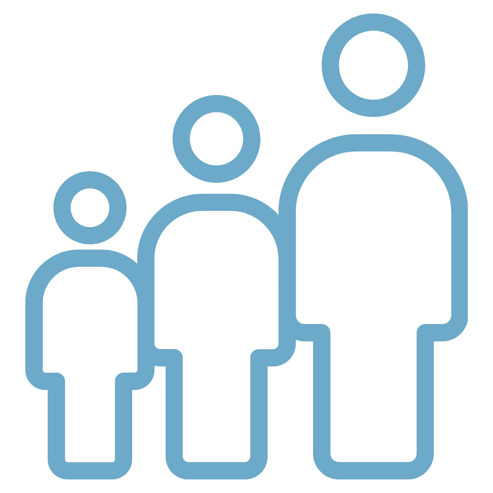 Icon of three blue human figures of increasing size from left to right.