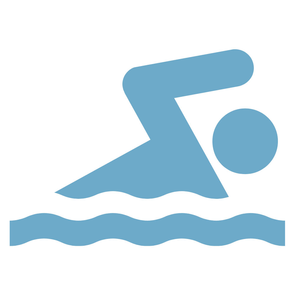 Symbol of a swimmer in a pool, with a swimmer's head, arm, and body visible, swimming on water represented by waves.