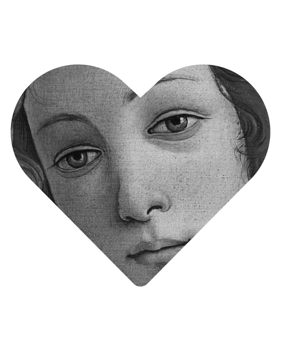 Un portrait en noir et blanc d'une femme, dont le visage est encadré dans un cœur.