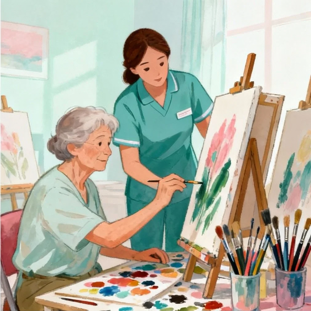 Une femme âgée et une infirmière participent à un atelier de peinture dans une salle lumineuse, entourées de toiles avec des fleurs.