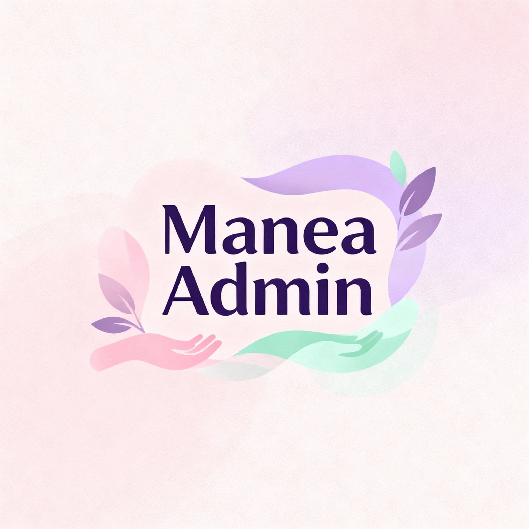 Logo violet, vert et rose avec la mention "Manea Admin" entourée de branches et de mains stylisées