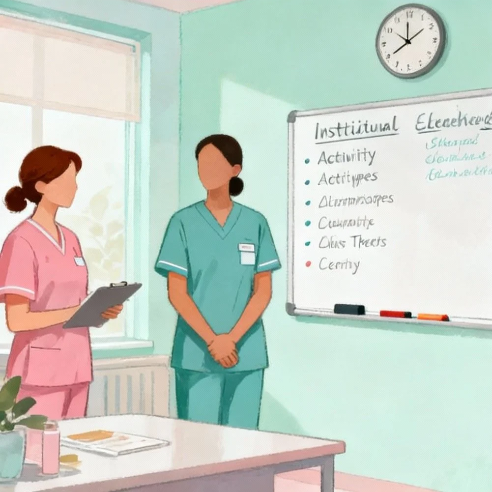 Deux professionnelles de santé en uniforme discutent dans une salle de formation ou de réunion, avec un tableau blanc affichant une liste de points sous le titre 'Institutional'.