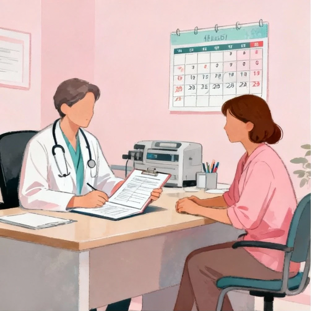 Un médecin et une patiente discutent dans un bureau médical. Le médecin tient un dossier, la patiente est assise face à lui, un calendrier en arrière-plan.