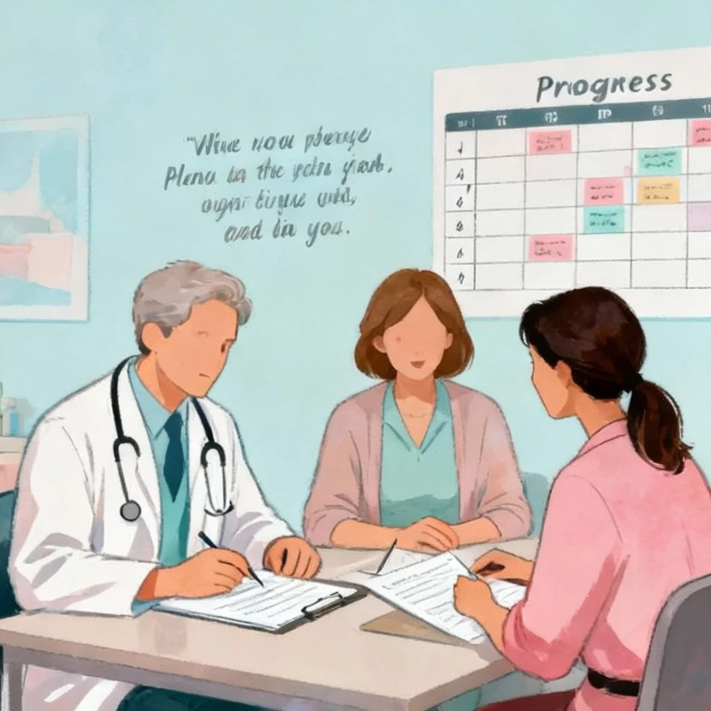 Unedocteur, une infirmière, et une patiente discutent lors d'une consultation dans un cabinet médical, avec un tableau de progression et une phrase inspirante au mur.