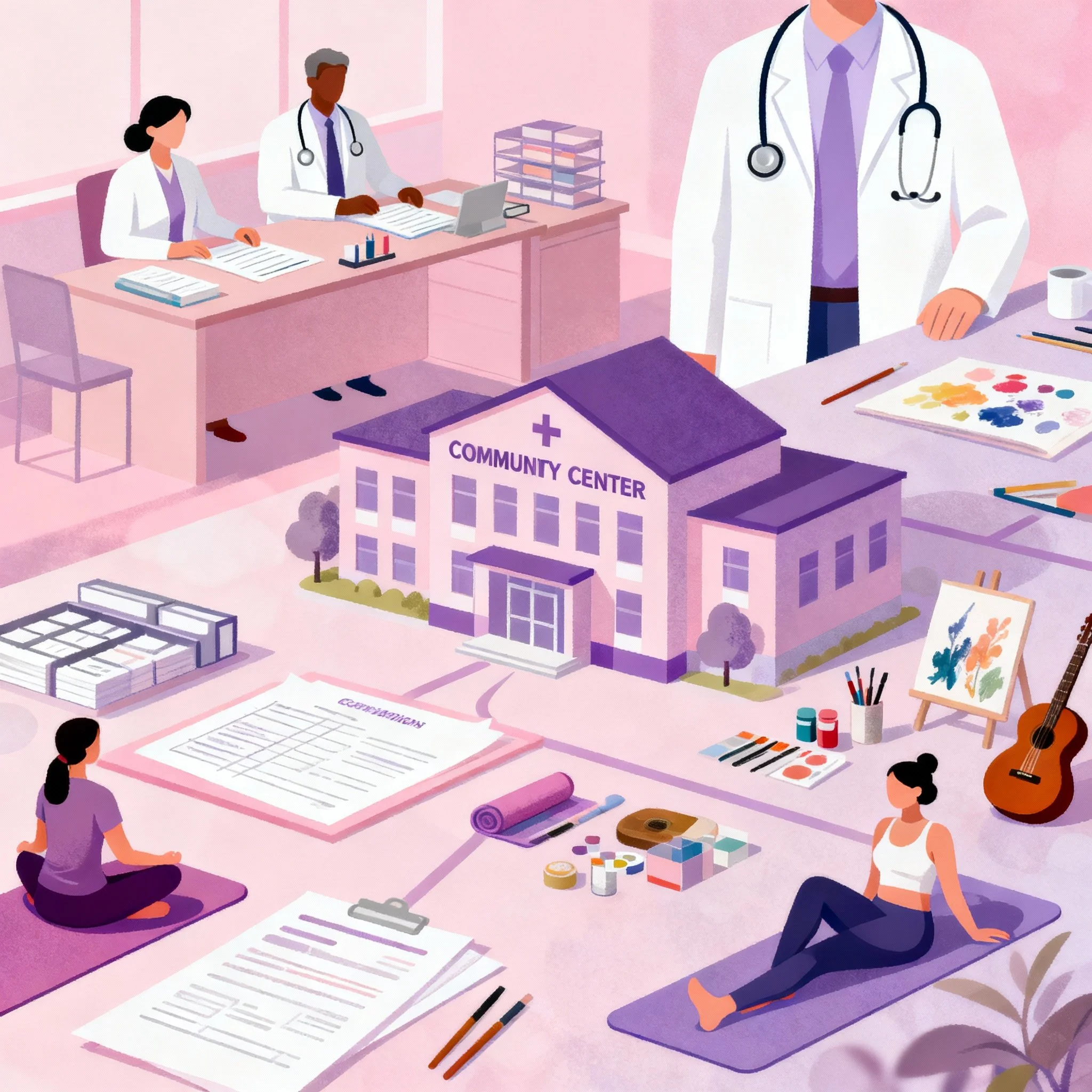 Illustration d'un centre communautaire de santé avec du personnel médical, une personne faisant du yoga, des activités artistiques et des fournitures médicales et artistiques.