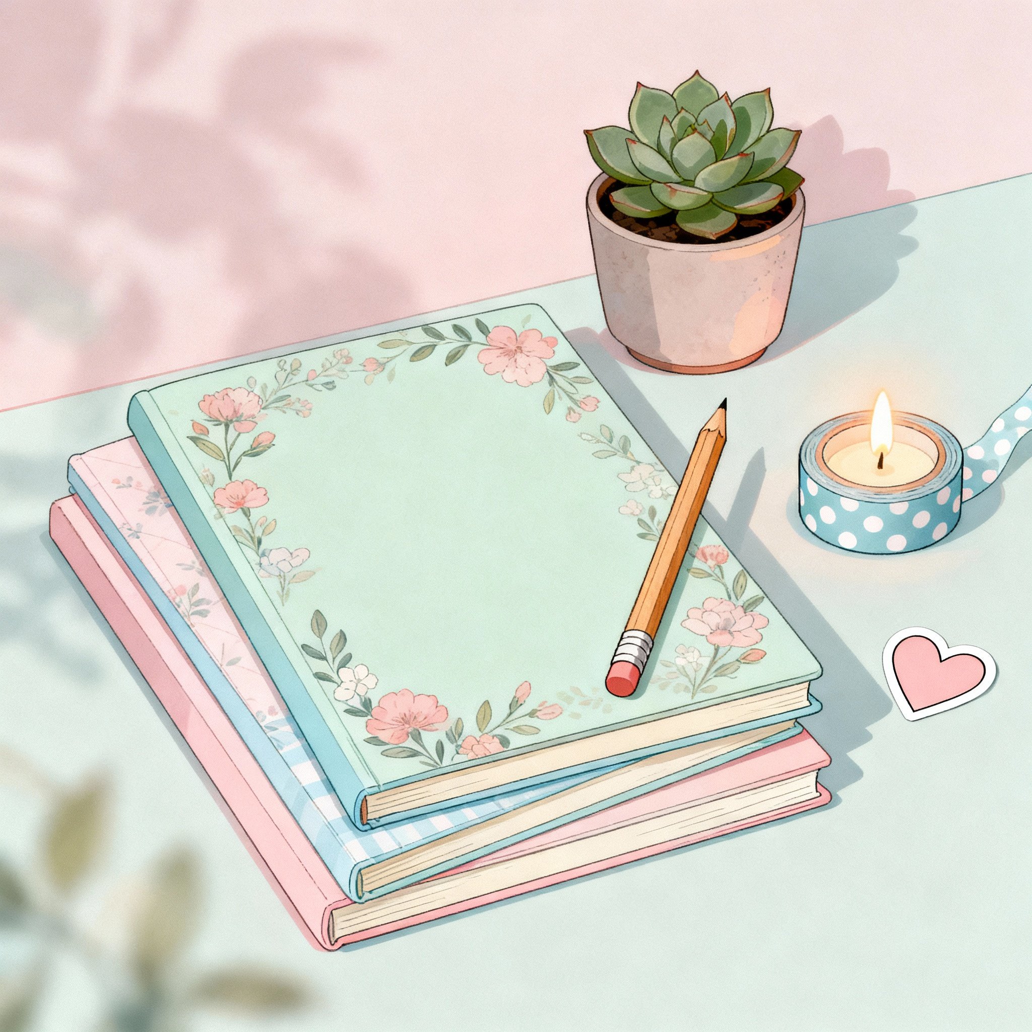 Cahiers à fleurs posés sur une table avec un pot de succulente, une bougie allumée dans un ruban à pois, et un sticker en forme de cœur