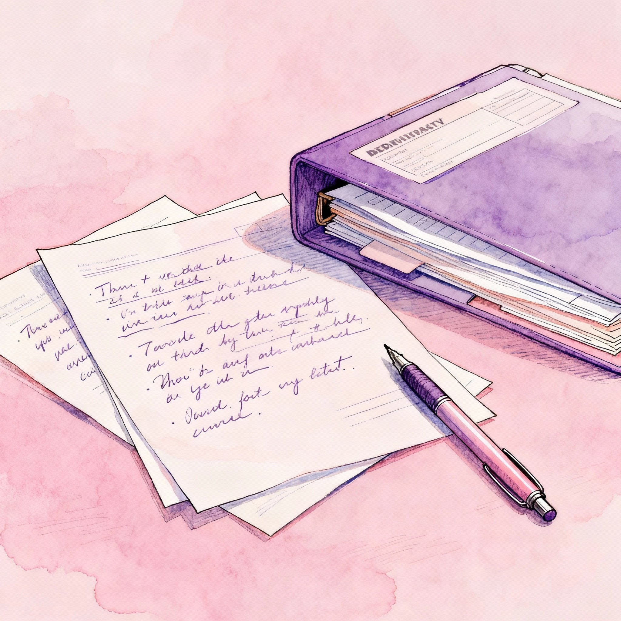 Une table avec des papiers, un stylo et un classeur violet contenant des documents.