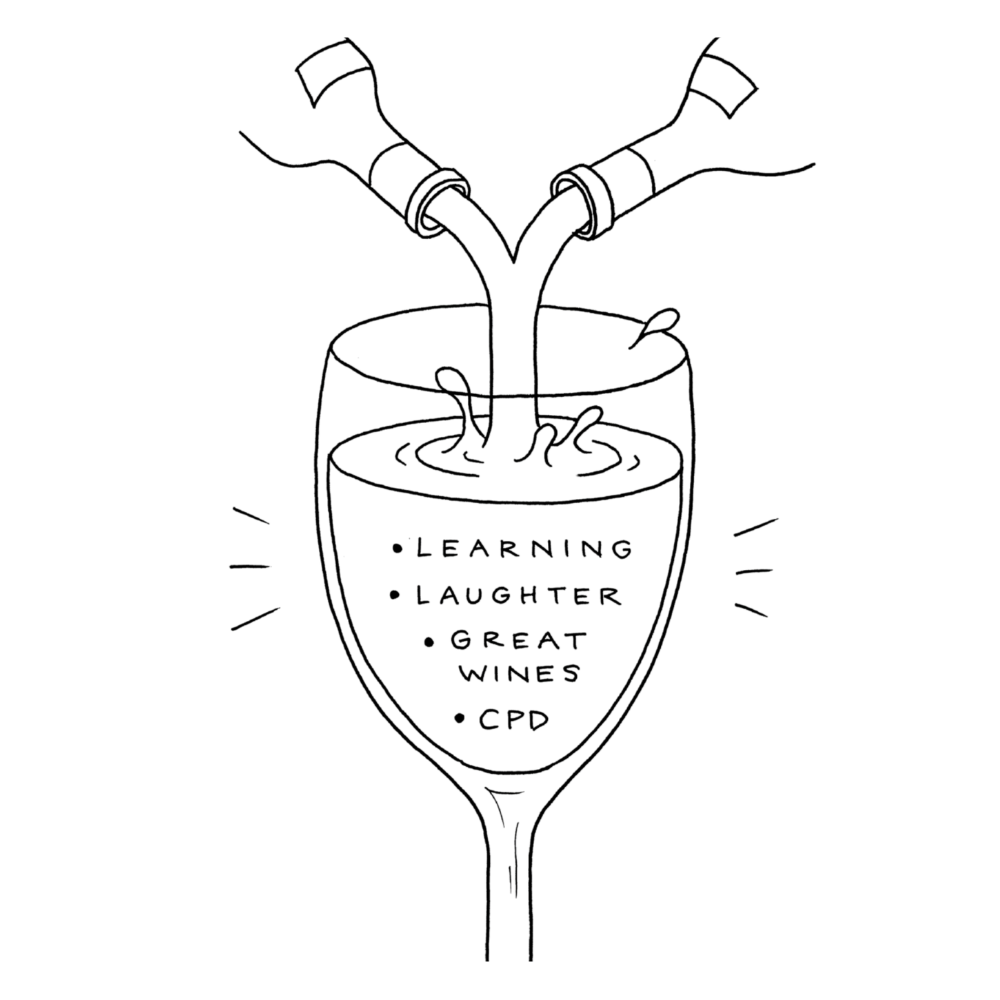 A line drawing of a glass being filled with liquid from two bottles. Inside the glass, there are words: Learning, Laughter, Great Wines, CPD.