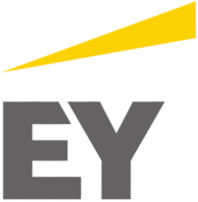 A black background with a yellow and red slanted shape above the gray letters 'EY'.