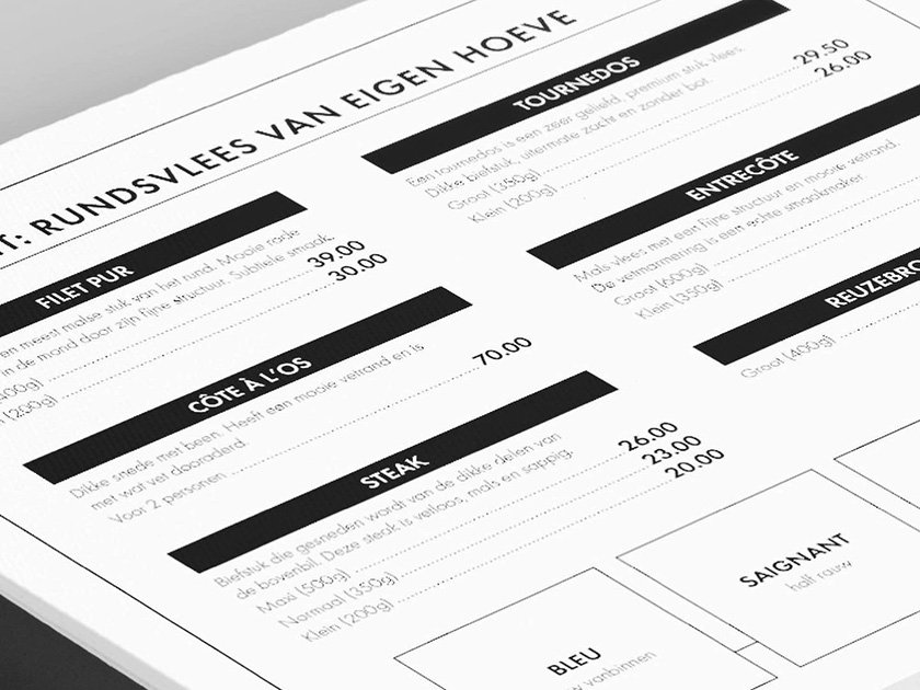 French restaurant menu with sections for filet pur, côte à l'os, steak, tournedos, entrecôte, and reuzebrat, prices listed in euros.