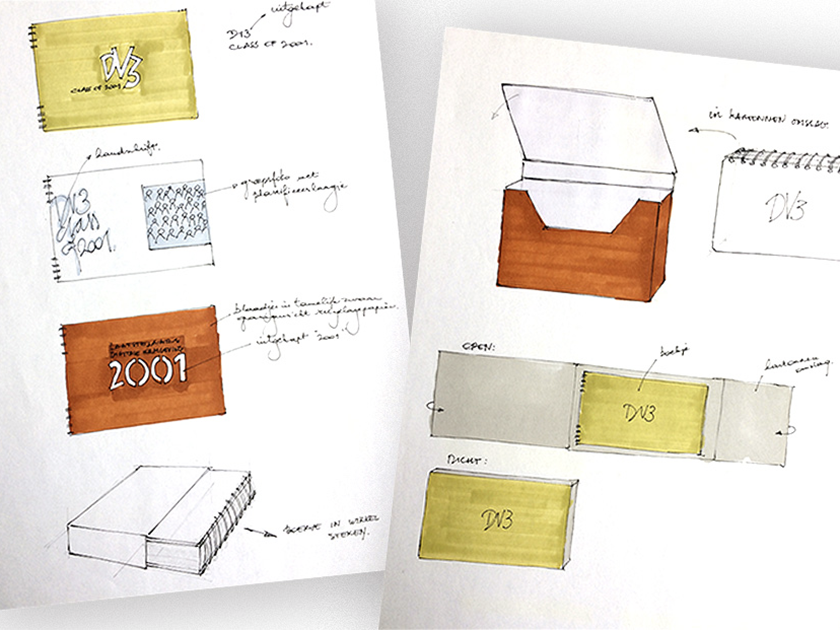 Hand-drawn sketches of a box design, including notes and colored elements on two sheets of paper. The sketches feature a yellow box with a logo, a red box labeled '2001', and various views and details of the box structure.