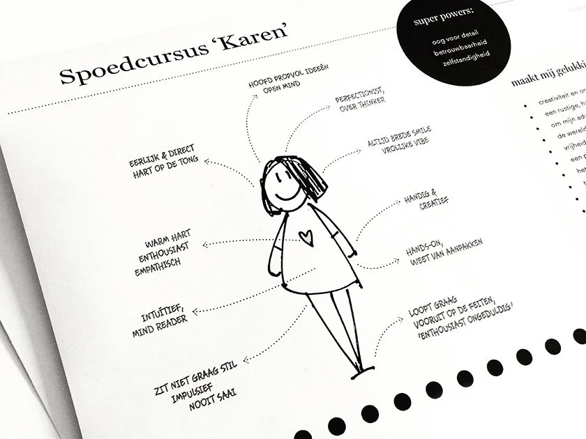 Hand-drawn illustration of a smiling girl with short hair, wearing a dress with a heart on it, surrounded by handwritten notes and annotations about her personality and powers.