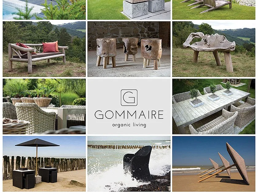 Collage of outdoor furniture and decor, including a wooden bench with pink cushions, stone and wood stools, a wooden table with wicker chairs, a beachside seating area with an umbrella, a sea scene with a black chair in the water, and a beach with tw