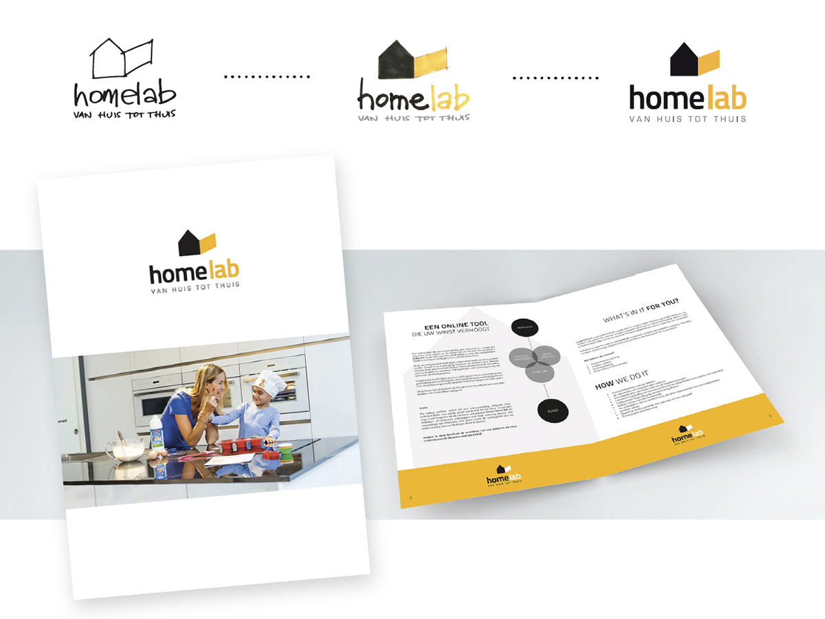 Brochure and logo for HomeLab, a home automation company, with images of a woman and a child baking in the kitchen, and an open informational pamphlet.