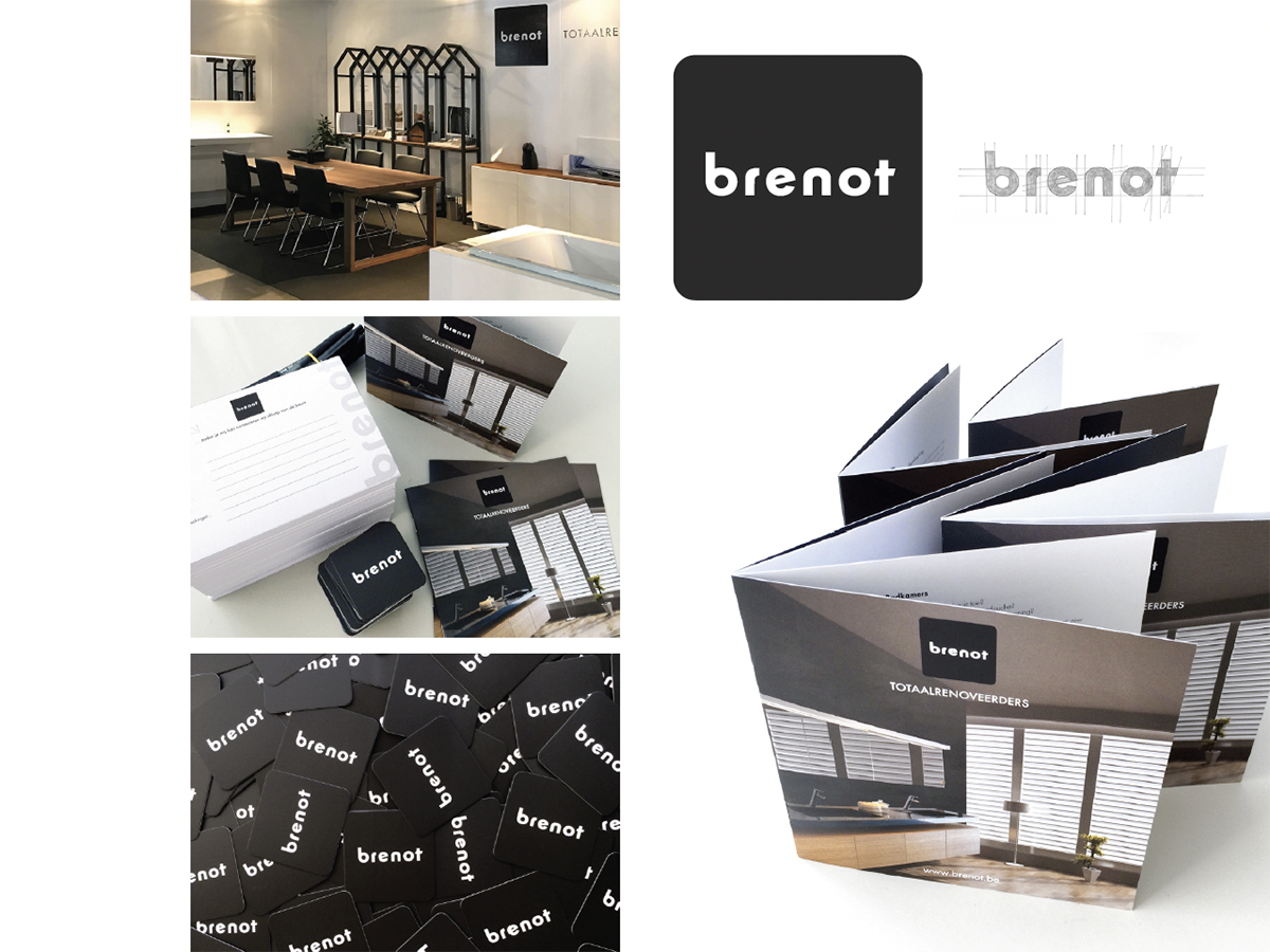 Collection of branding and marketing materials for Brenot, including a logo, business cards, brochures, and stickers, displayed in an office setting.