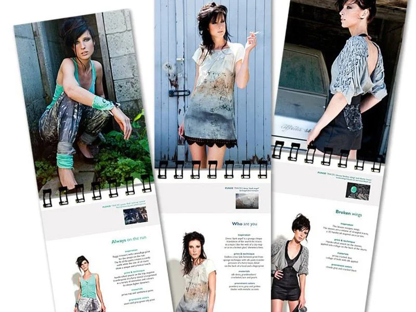 Three fashion magazine pages featuring women in casual outfits with short hairstyles, set against urban backgrounds.