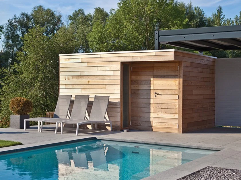 Modern backyard with a swimming pool, three lounge chairs, a wooden shed, a potted plant, and a green tree line in the background.