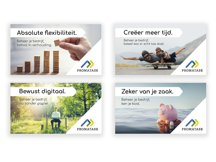 Four promotional banners with business messages in Dutch, each featuring different images: a hand stacking wooden blocks for flexibility, two people biking on a skateboard for creating more time, a person working on a laptop outdoors for digital awar
