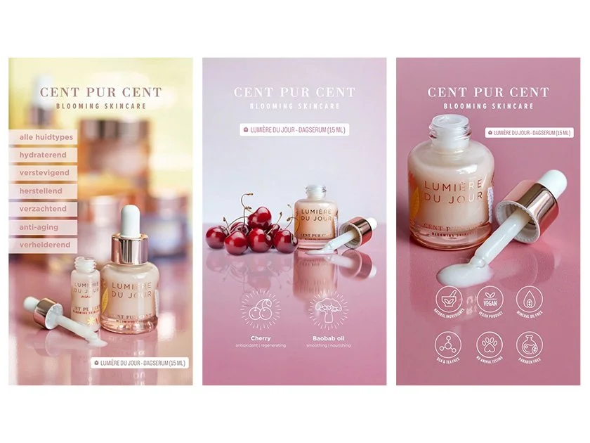 Three product advertisements for Cent Pur Cent Blooming Skincare featuring serums with different ingredients: cherry, baobab oil, and a general serum, each with a dropper and a colorful background, highlighting benefits like hydration, anti-aging, an