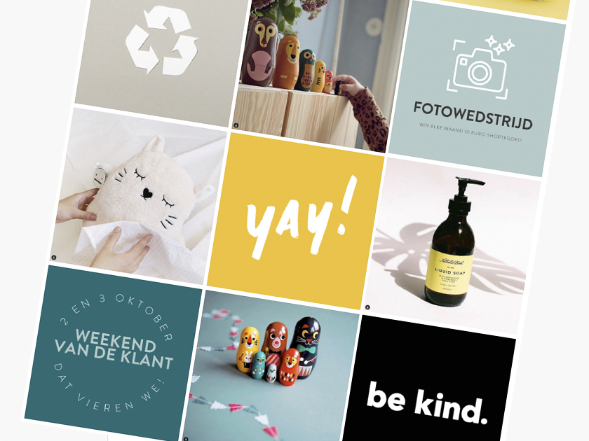 Collage of nine images including a recycling symbol, nested dolls, a watermarked photography business card, plush cat toy, yellow "YAY!" text, liquid soap bottle, magazine page with Dutch text, decorated nesting dolls, and a "be kind" card.