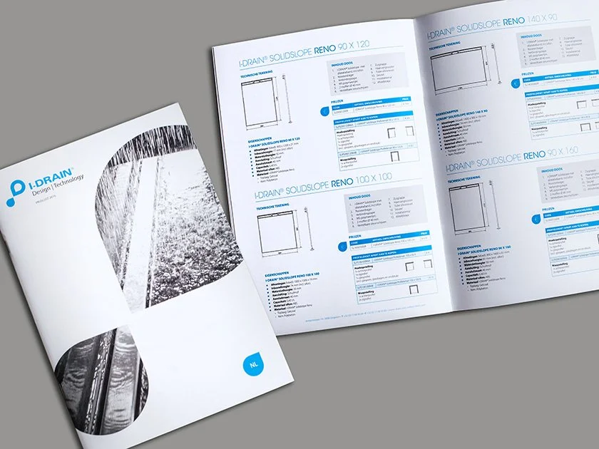 Open product catalog or brochure showing technical drawings and specifications for I.Drain solid slope Reno drainage products.