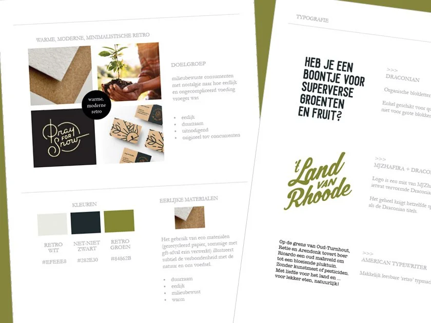 A digital design brochure showcasing eco-friendly, minimalist, retro branding with color swatches in beige, black, and green, and images of plants, packaging, and organic ingredients.