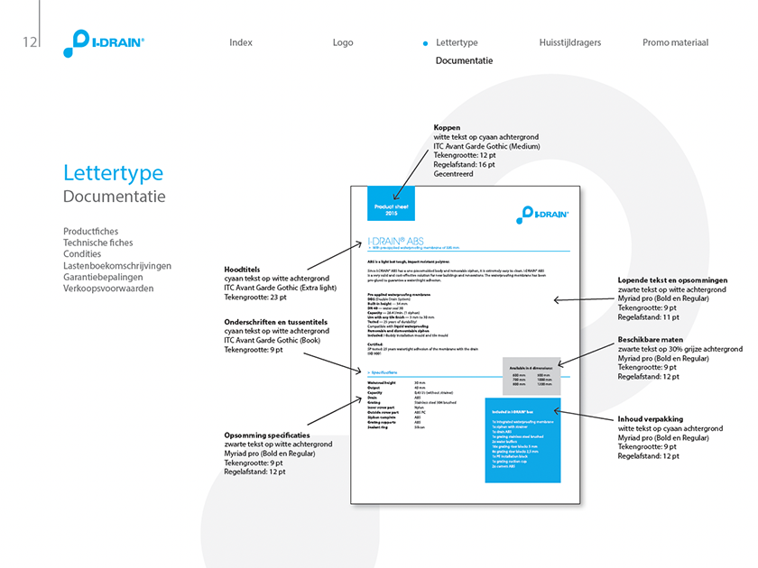 A product documentation page for I-DRAIN, a drainage system, showing technical specifications and labels in Dutch and English, with blue headers and black text on a white background.