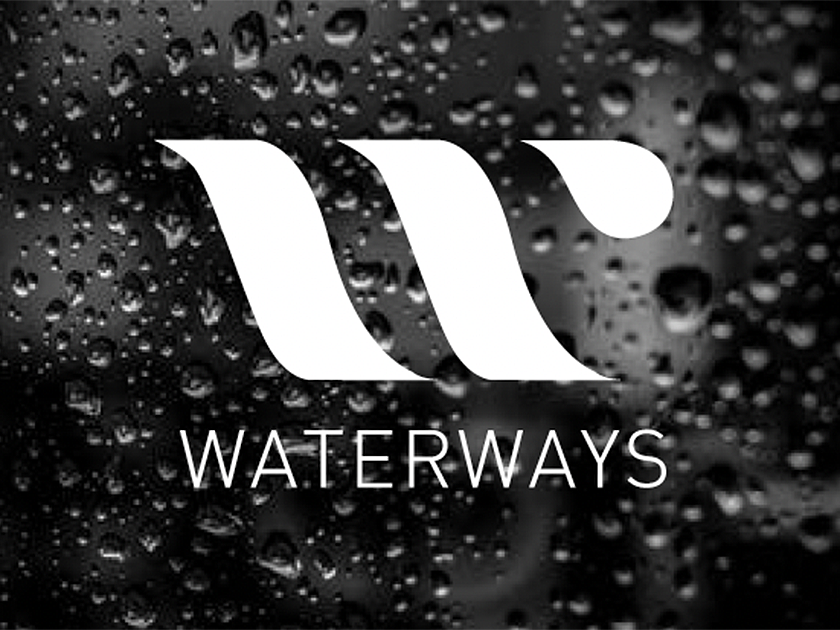 A black background with water droplets and a white logo with three curved lines. The word "WATERWAYS" is written below the logo.