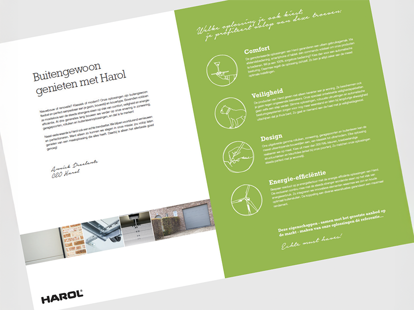 A brochure with a white left page and a green right page. The left page contains a title in Dutch, a signature, and photos of building doors or garage doors at the bottom. The right page has white text, four circular icons related to comfort, safety,