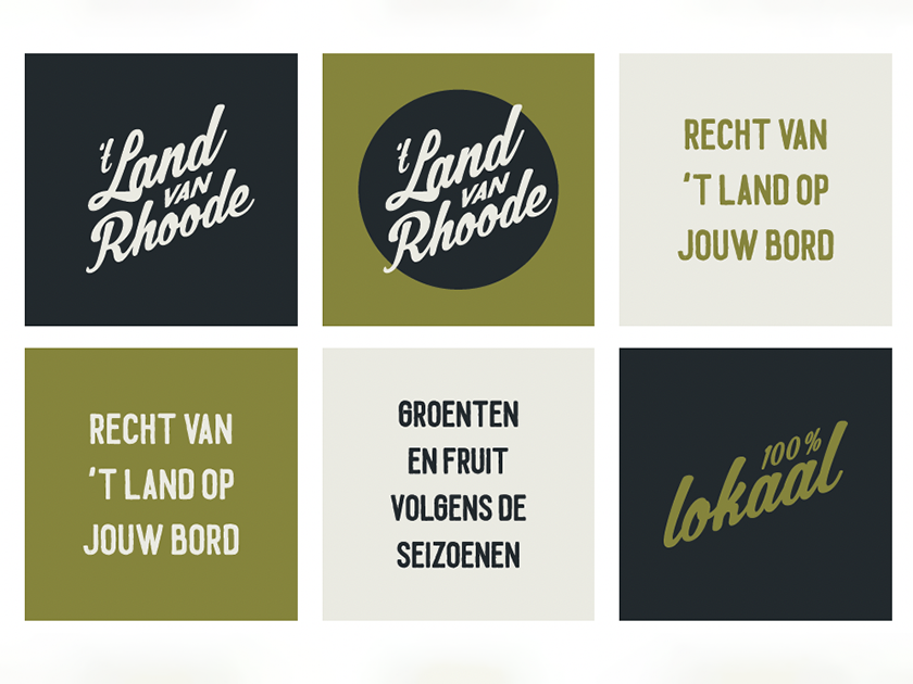Six tiles with Dutch text and logos, including 't Land van Rhode,' 'Recht van 't Land op Jouw Bord,' 'Groenten en Fruit Volgens de Seizoenen,' and '100% lokaal' with a dark background, a green background, and white backgrounds.