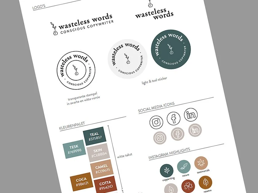 A branding style sheet for 'Wasteless Words' Conscious Copywriter, featuring logo options, a color palette with hex codes, social media icons, and Instagram highlight icons.