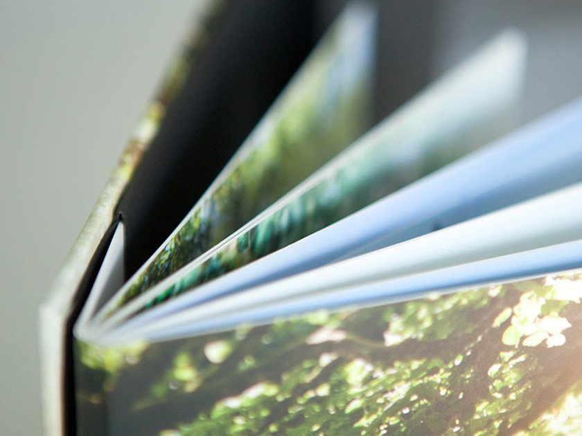 Close-up of a landscape photo book with multiple pages slightly fanned out.