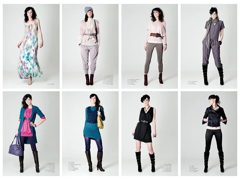 Collection of eight fashion models wearing various stylish outfits against a plain white background.