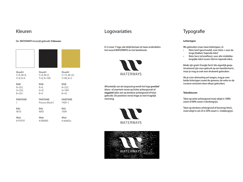 A brand style guide page showing water-themed color palettes, logo variations, and typography guidelines for a brand called Waterways. The page includes color swatches in black, white, gold, and yellow, with their RGB, Pantone, RAL, and web color cod