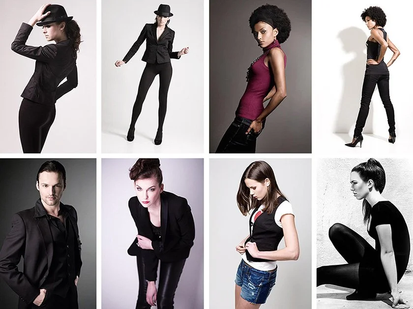 A collage of eight women and one man, all dressed in fashionable black and stylish clothing, posing against plain backgrounds.