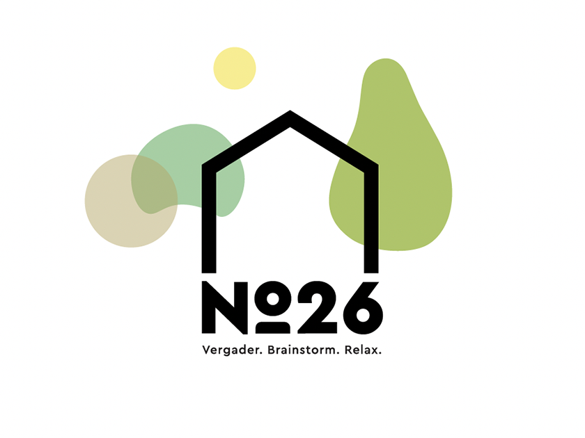 Logo with a house outline, the text 'No 26', and the words 'Vergader. Brainstorm. Relax.' beneath. Abstract green and beige shapes in the background.