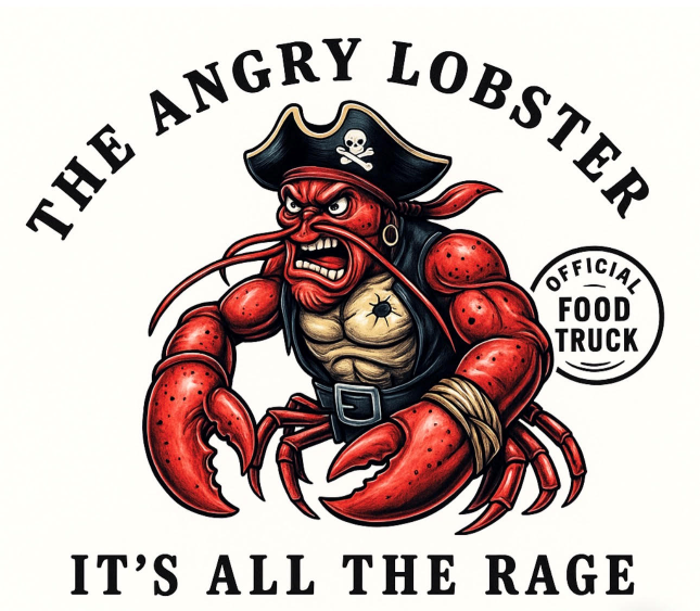 Cartoon red lobster dressed as a pirate with a skull and crossbones hat, muscle chest, and eye patch, with text reading 'The Angry Lobster', 'Official Food Truck', and 'It's All The Rage'.