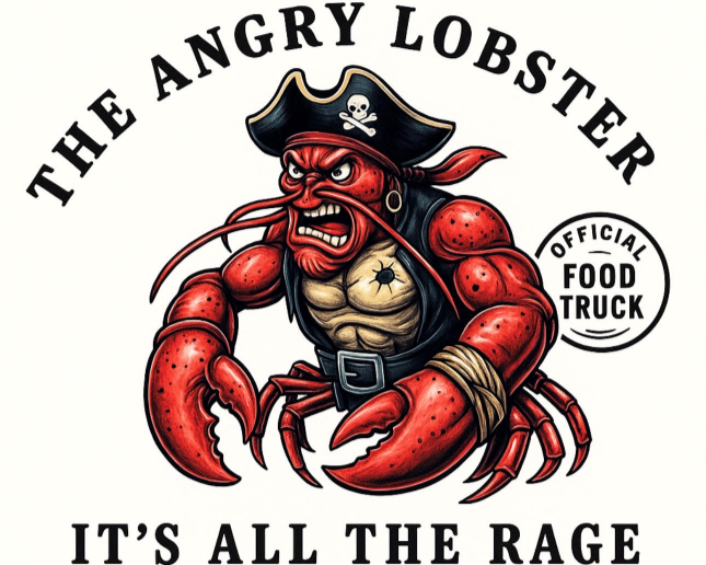 Illustration of a red angry lobster wearing a pirate hat with a skull and crossbones, an eye patch, and a belt, with text saying "The Angry Lobster" and "It's All the Rage," and a badge stating "Official Food Truck".