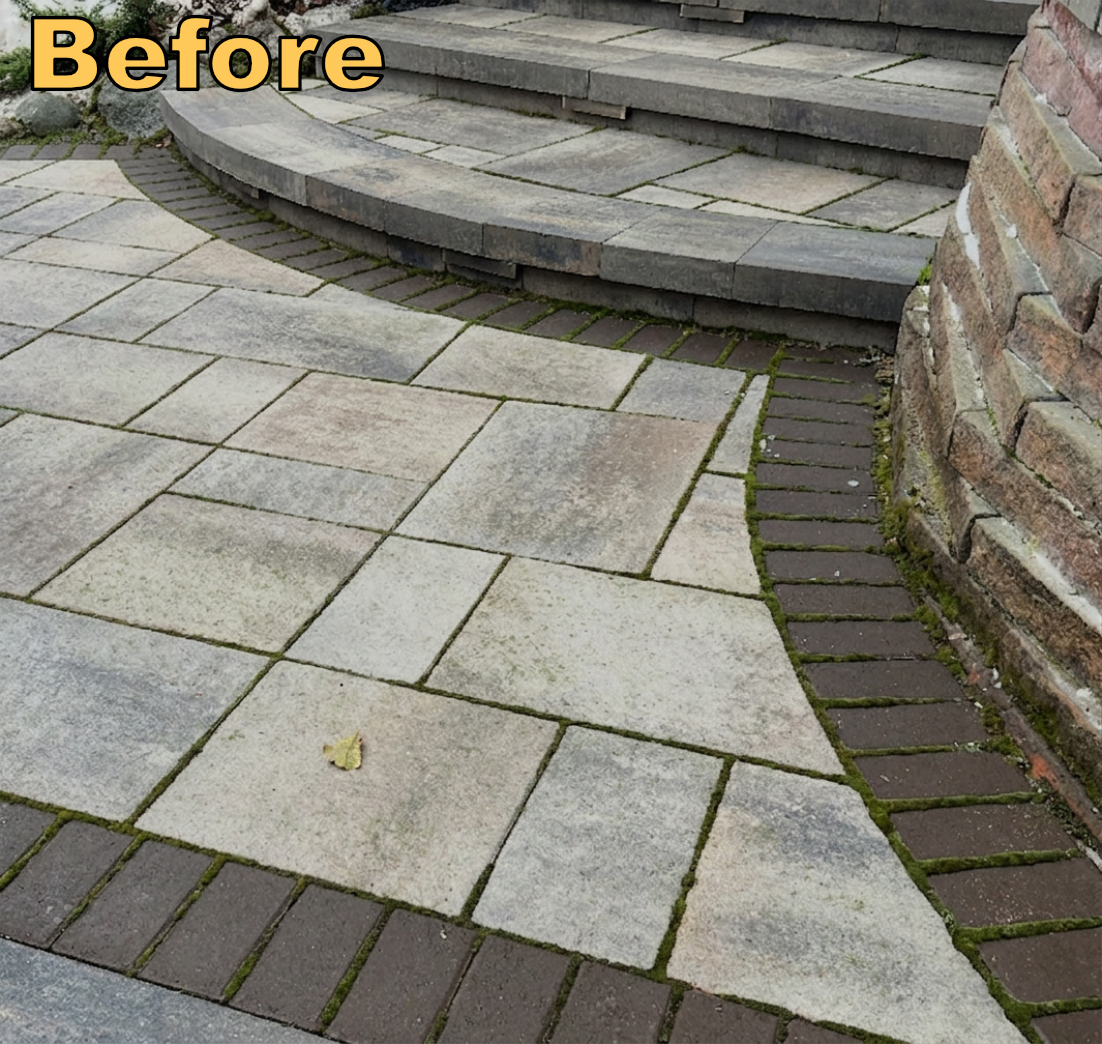 Sidewalk with curved stone steps leading to a higher level, surrounded by brick and stone walls, with a small leaf on the stone pavement in the foreground