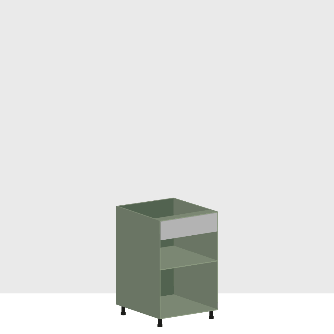 A small green storage cabinet with three compartments, one drawer, and four black legs against a plain wall.