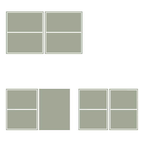 Diagram showing different window types with their opening mechanisms and styles, including double casement, single casement, and fixed pane windows.
