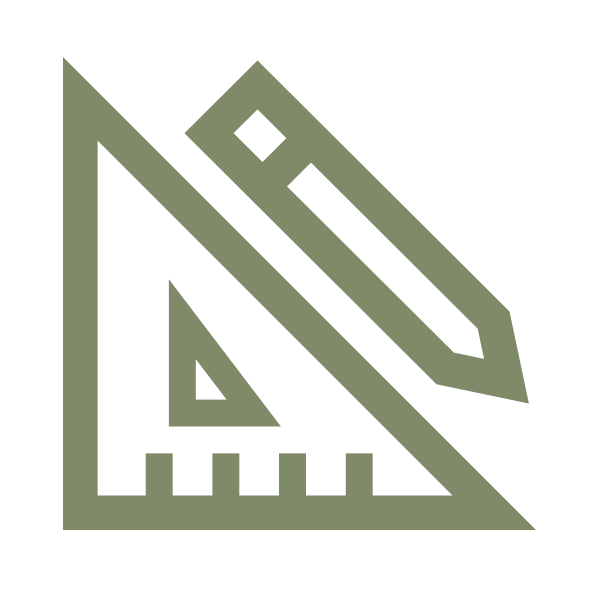 Icon of a green triangular ruler, protractor, and pencil on a black background, representing design or drafting tools.