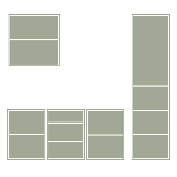 Diagram of a modular shelving unit with multiple sections and compartments in a black background.