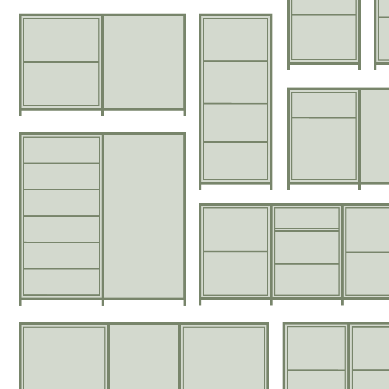 Multiple shelving units with various compartments and drawers, arranged in a grid pattern.