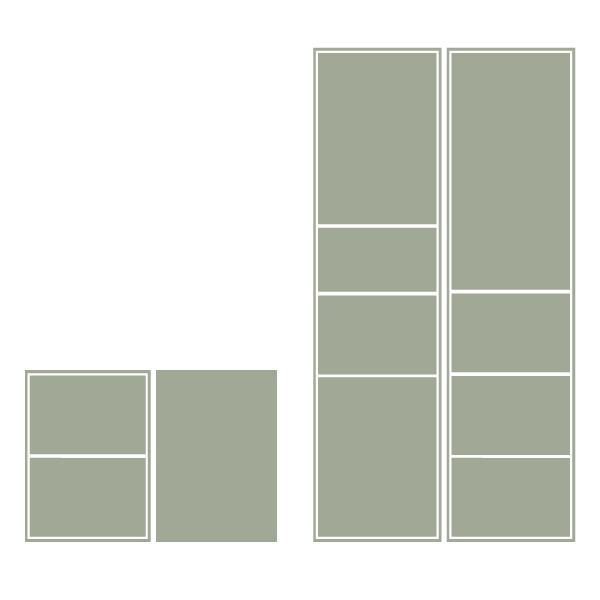 Two pieces of furniture with multiple shelves, one smaller and one larger, both with a light green color and white frames.