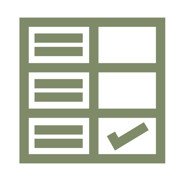 A green checklist with three sections, each containing lines of text, and a large checkmark in the bottom right section.