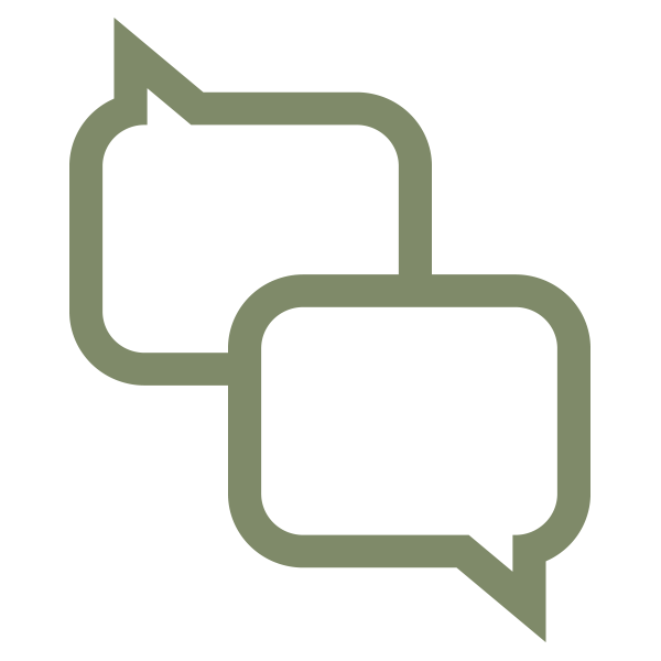 Two overlapping chat bubble icons, one pointing upward and the other downward, in gray on a black background.